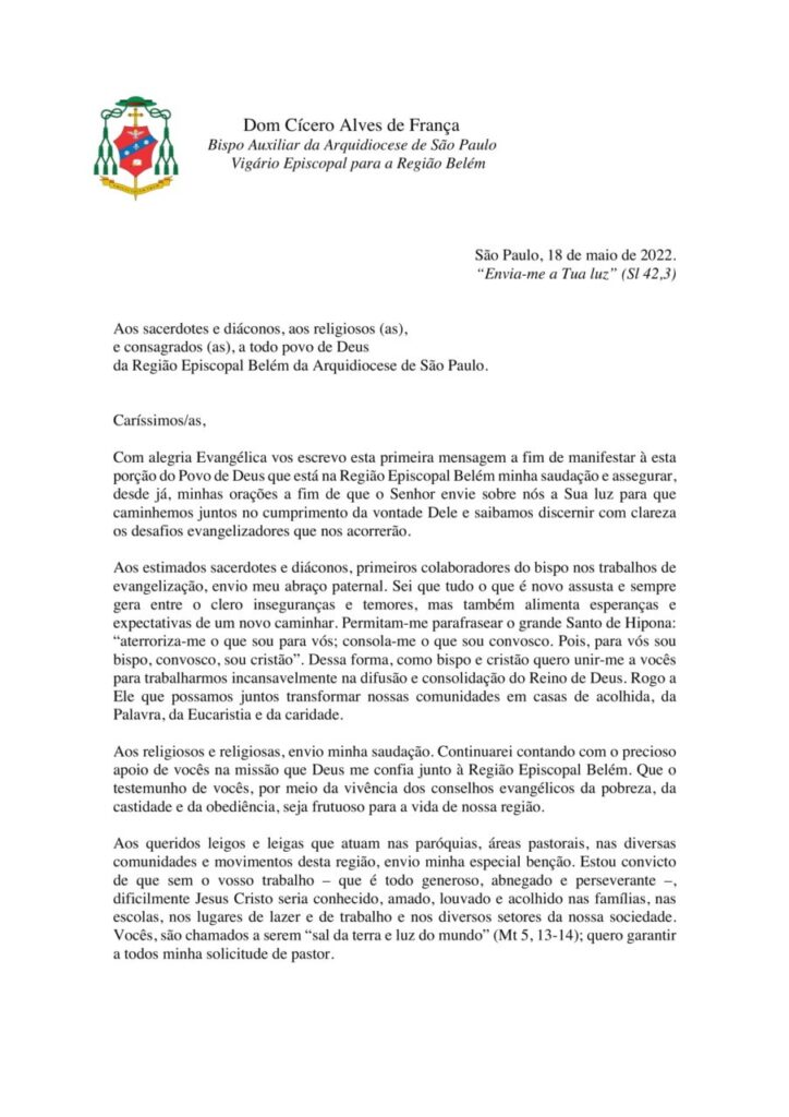 Dom Cícero envia mensagem aos clérigos, religiosos e leigos, Jornal O São Paulo