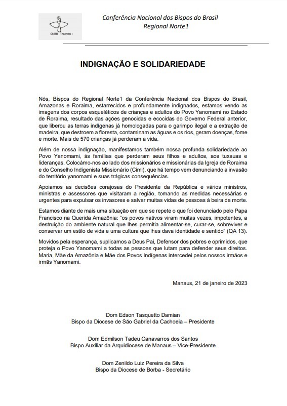 Bispos do Regional Norte 1 da CNBB expressam indignação por situação do povo Yanomami, Jornal O São Paulo