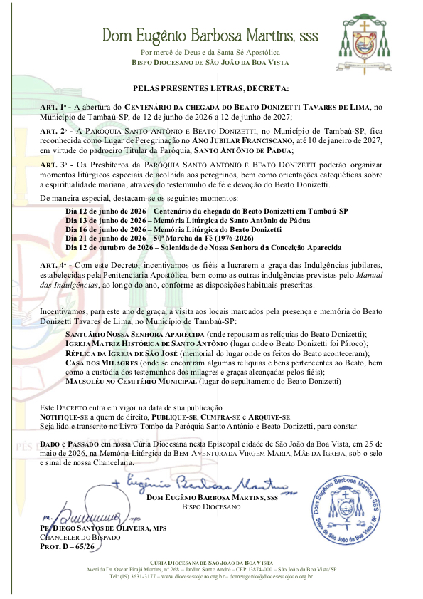 Tambaú (SP) vivencia Ano Jubilar pelo centenário da chegada do Beato Donizetti Tavares - Jornal O São Paulo
