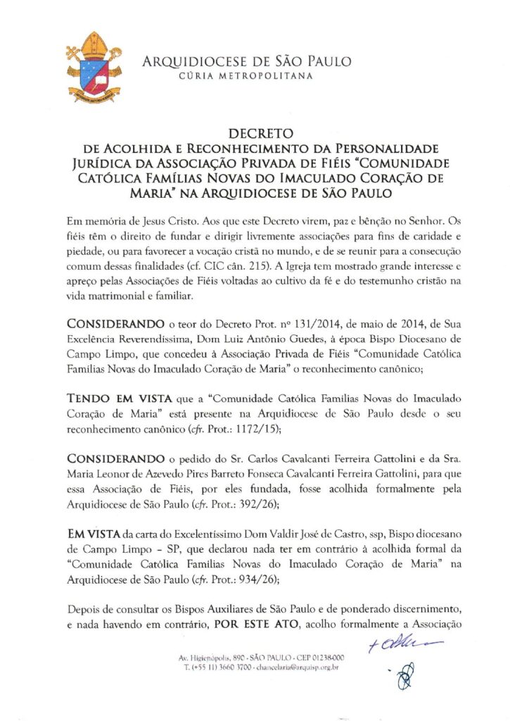 Comunidade Famílias Novas do Imaculado Coração de Maria é reconhecida formalmente na Arquidiocese - Jornal O São Paulo