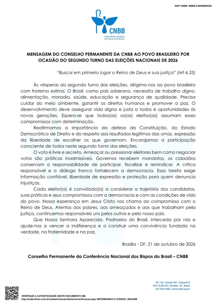 Conselho Permanente da CNBB encoraja à participação consciente no 2o turno das eleições - Jornal O São Paulo